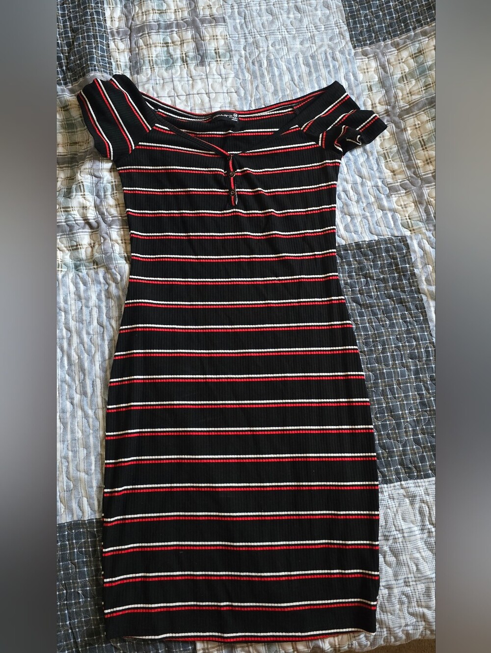 Black Ribbed Midi Dress with Red & White Stripes